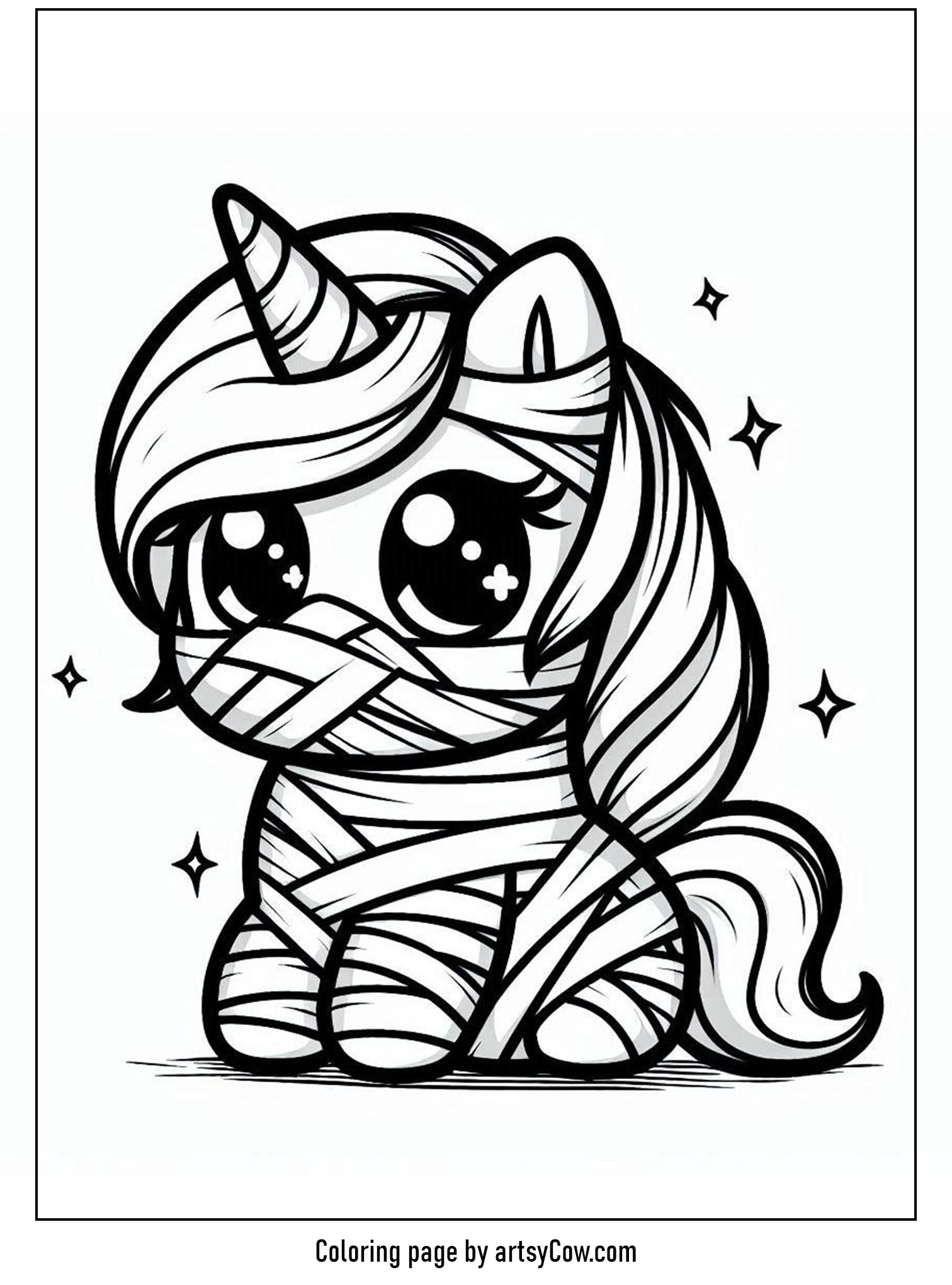 halloween coloring pages with unicorn 2 features a unicorn dressed as an adorable mummy, wrapped in bandages with sparkling eyes and a cheerful expression.